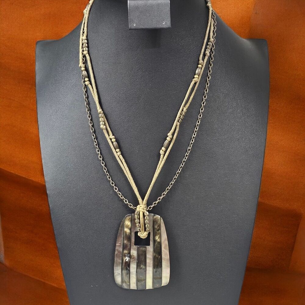 Mother of Pearl Necklace MOP Boho Naturalist Striped Large Pendant Statement